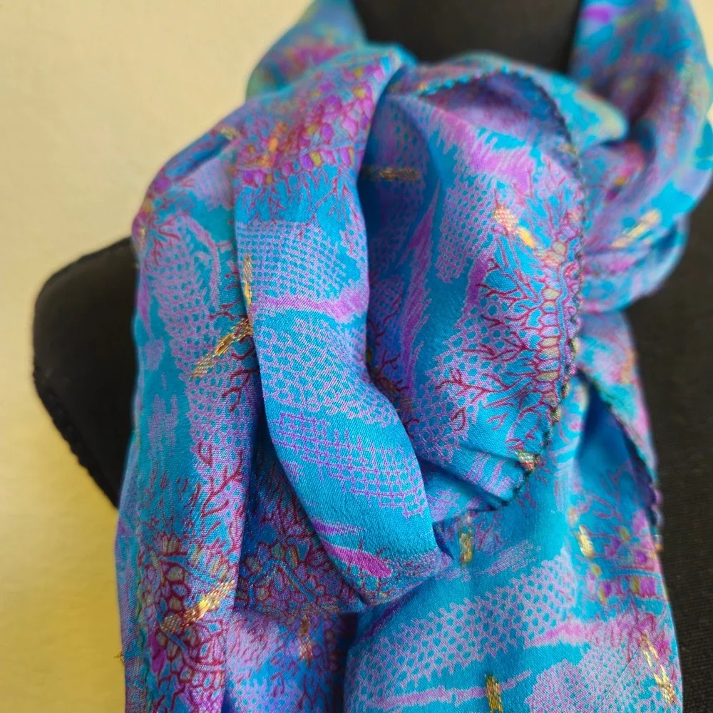 Vintage Silk Paisley Scarf Turquoise Purple Gold Metallic 35x34 Luxury Old Money